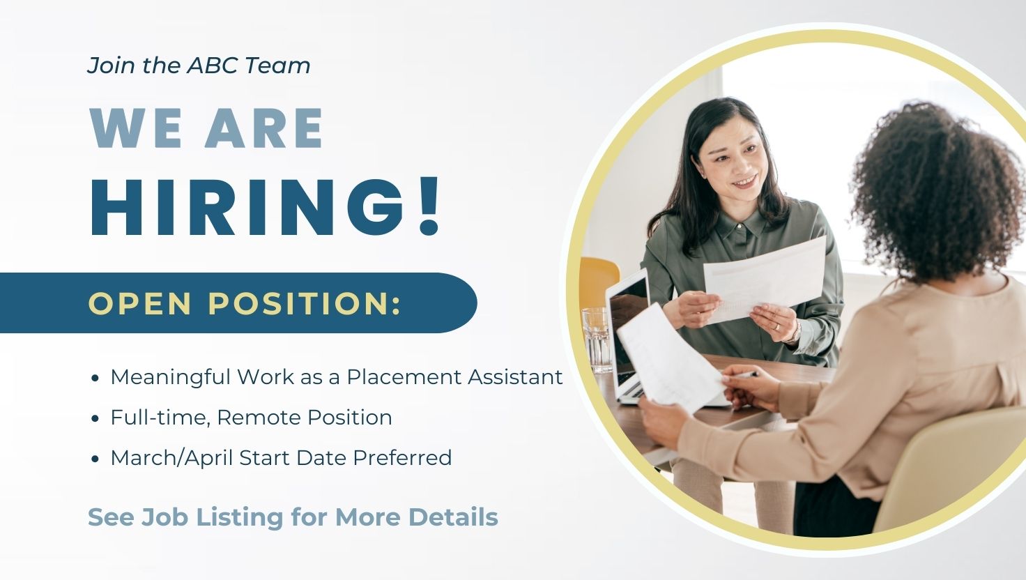 ABC Nannies is now hiring a full-time Placement Assistant to join our growing team. 100% remote position. Apply today.